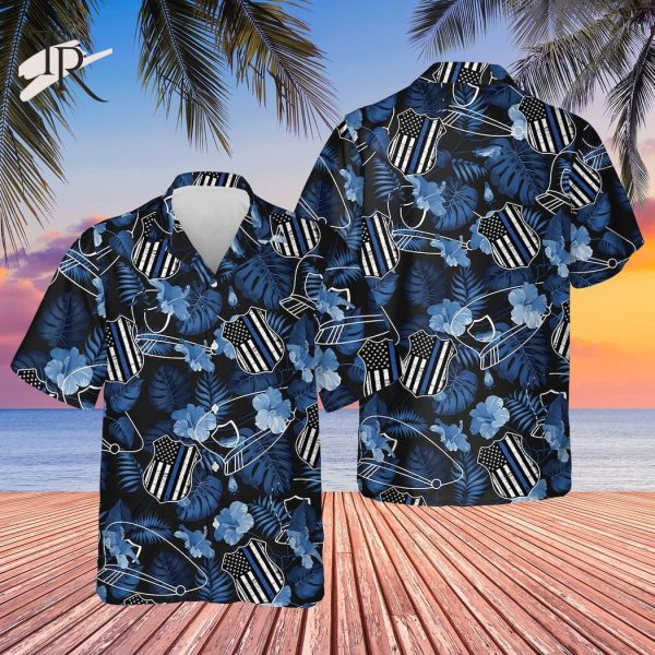 Gift For Police Tropical Police Dad Aloha Button Shirt