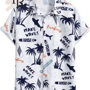 Hawaii Style White Blue Shark Coconut Tree Short Sleeve